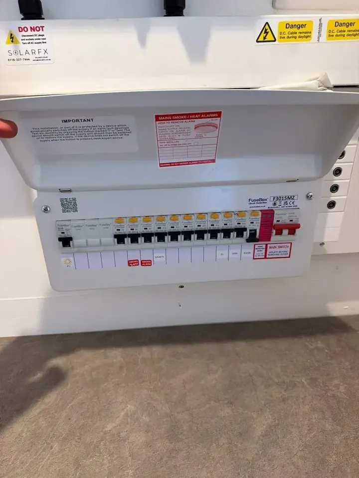 Consumer unit with the solar circuits labelled