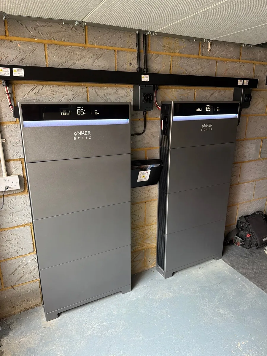 Two Anker SOLIX battery systems installed in a garage by SolarFX