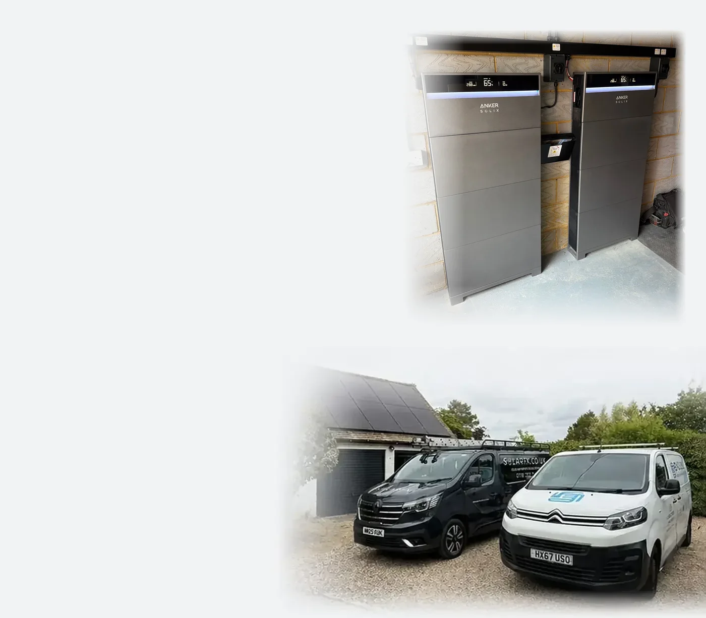 Two Anker SOLIX battery systems installed by SolarFX in a garage, with the SolarFX vans on site